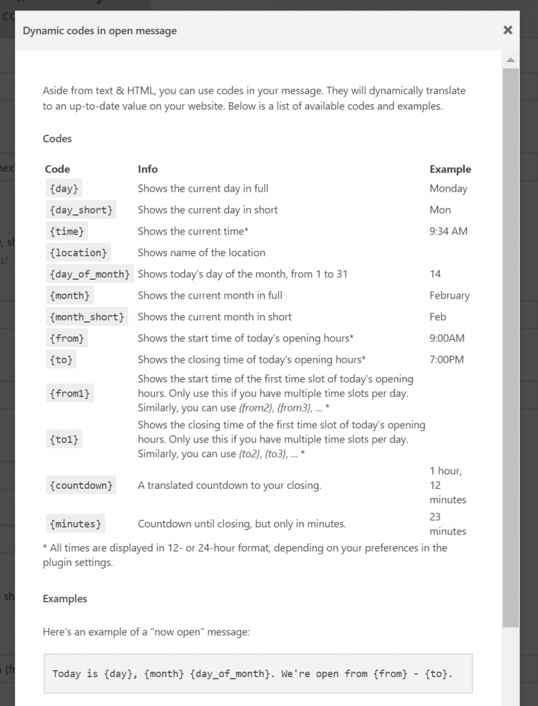 Business Hours Indicator - dynamic codes you can use in the messaging