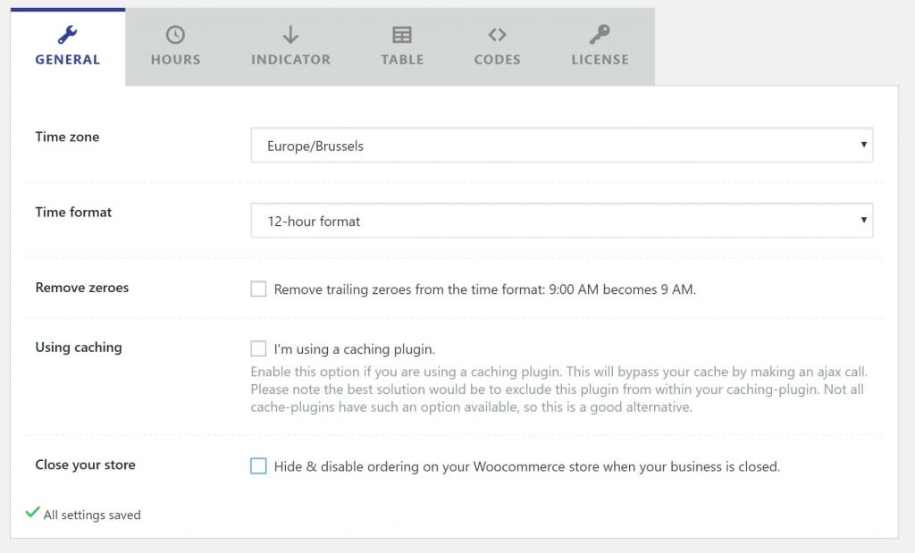 Business Hours Indicator general settings