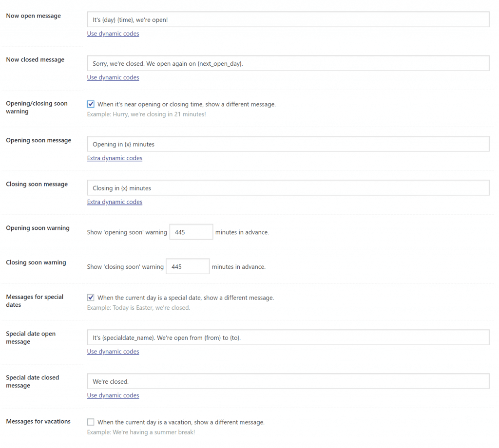 Settings for the open/closed indicator in Business Hours Indicator for WordPress