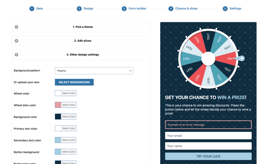 Design settings in WP Optin Wheel