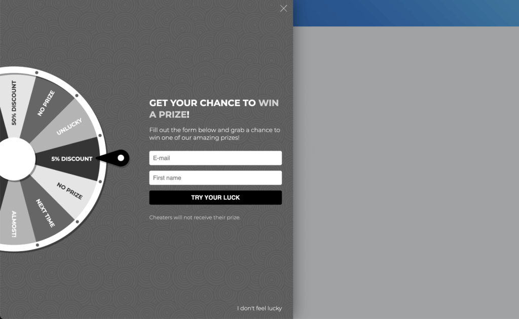 Example of a popup wheel of fortune in WP Optin Wheel