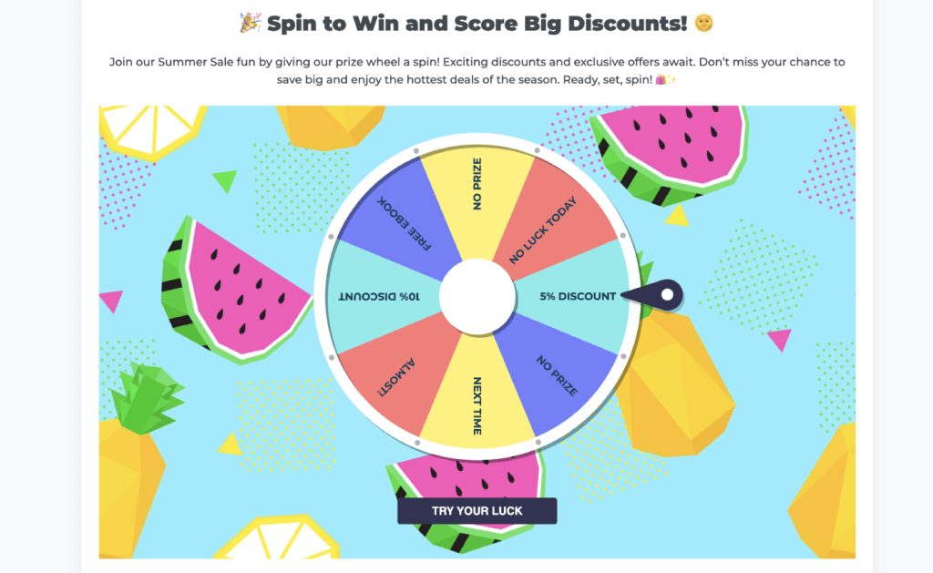 Example of an inline wheel of fortune in WP Optin Wheel