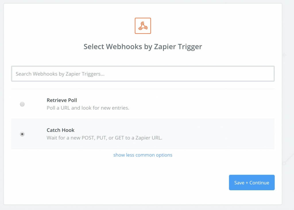 Select Catch Hook in Zapier webhooks