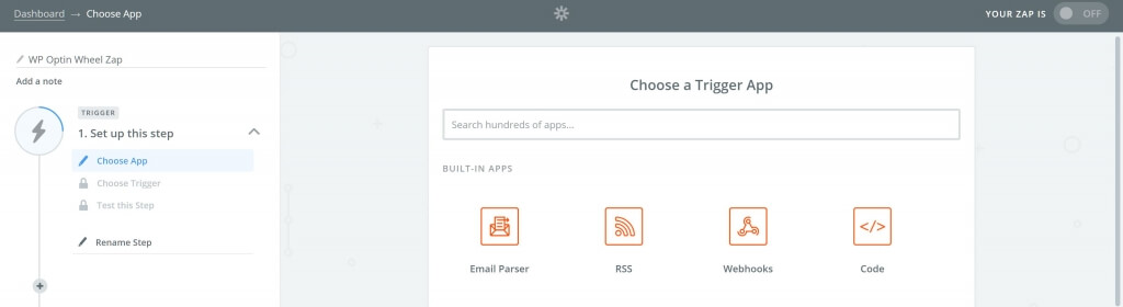 Select trigger app: webhooks