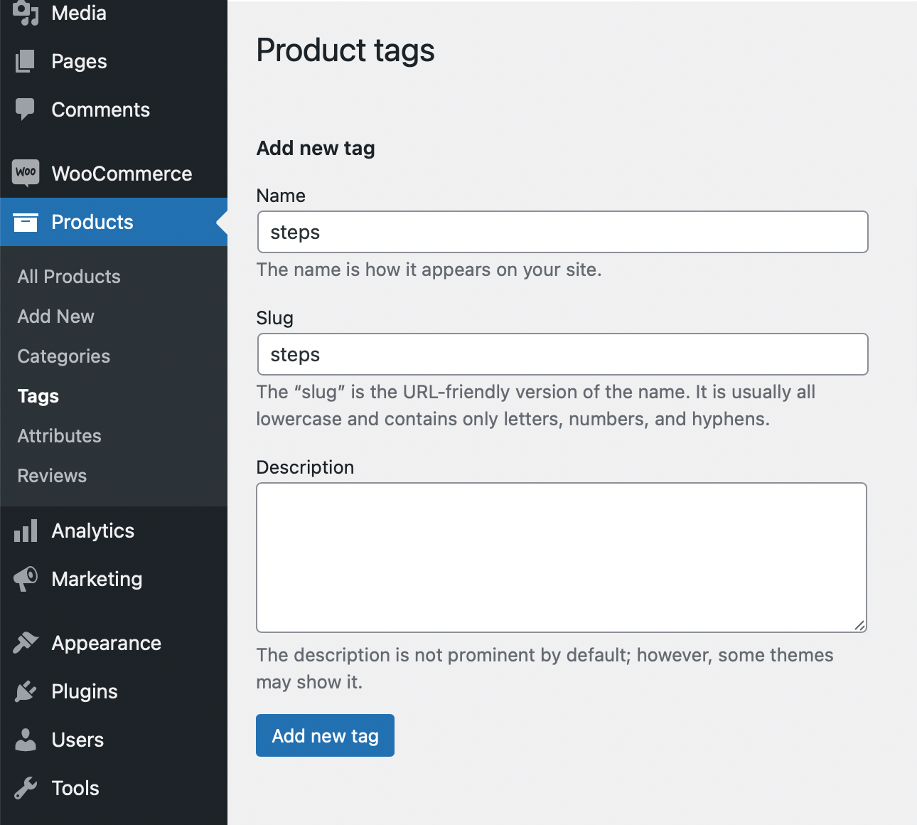 Create a product tag in WooCommerce