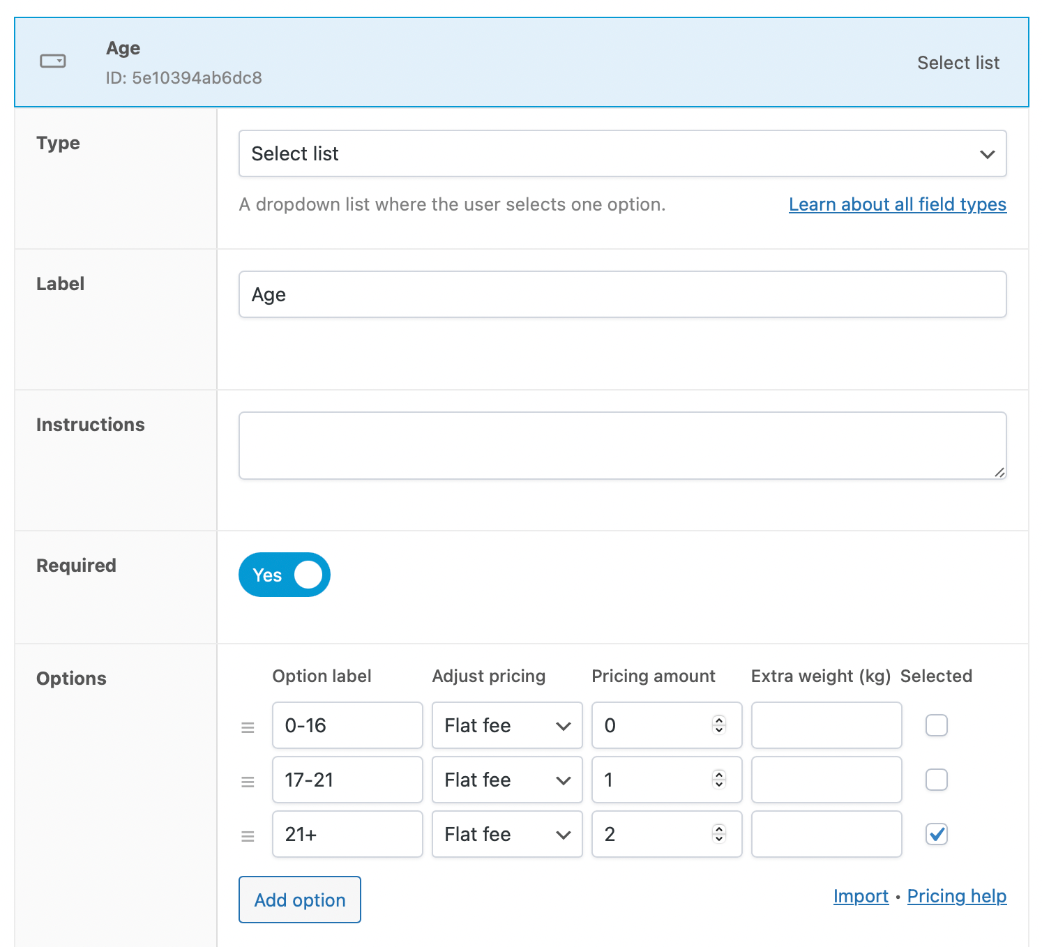 Example of an "age" field for your WooCommerce products