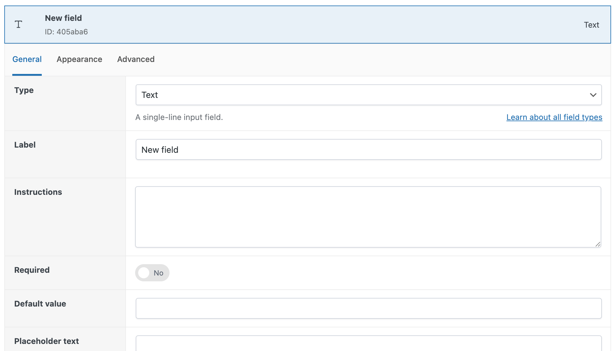 Settings for a new APF text field
