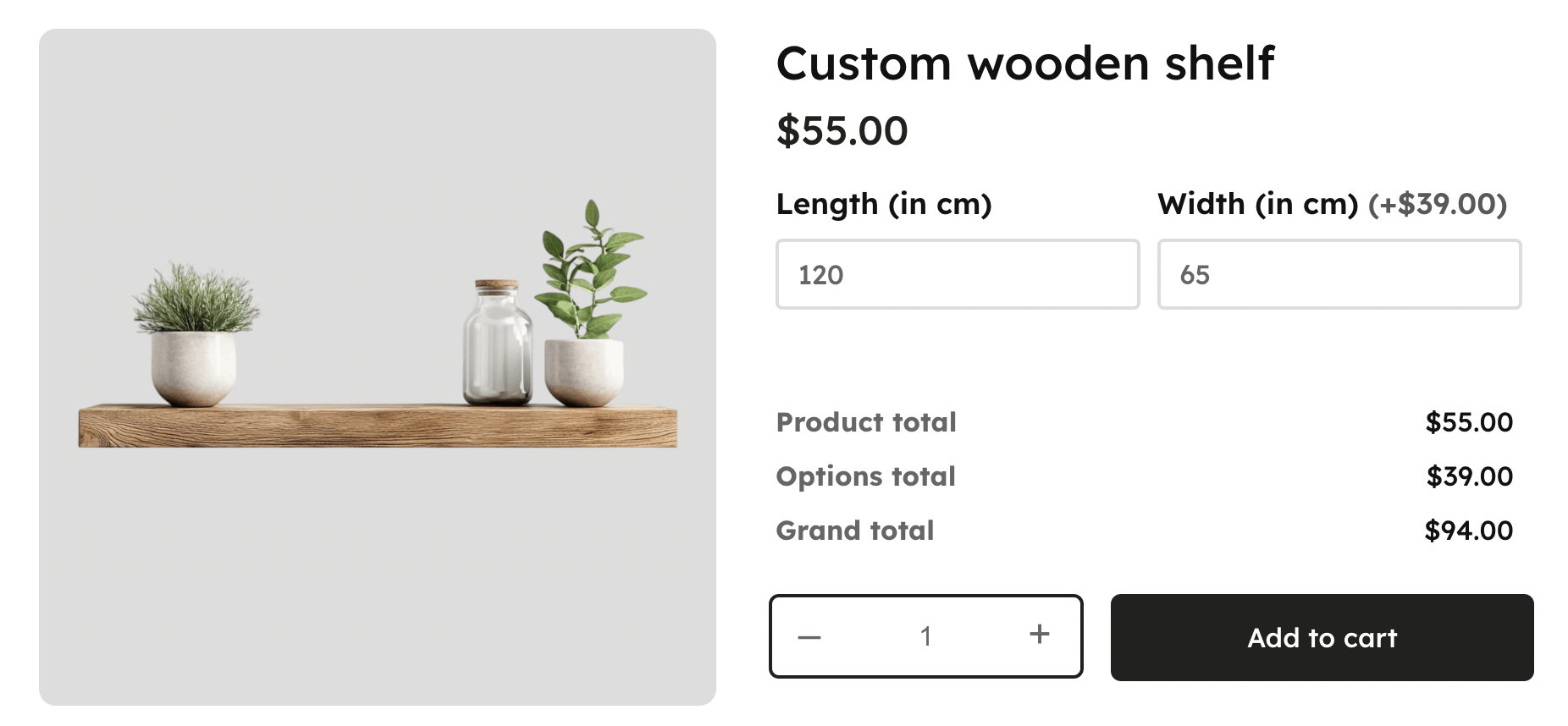 A custom made-to-measure product example in WooCommerce