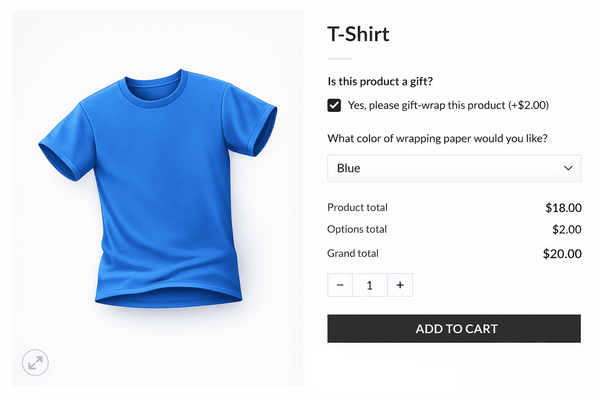 WooCommerce product page with extra options, created by Advanced Product Fields for WooCommerce (APF)