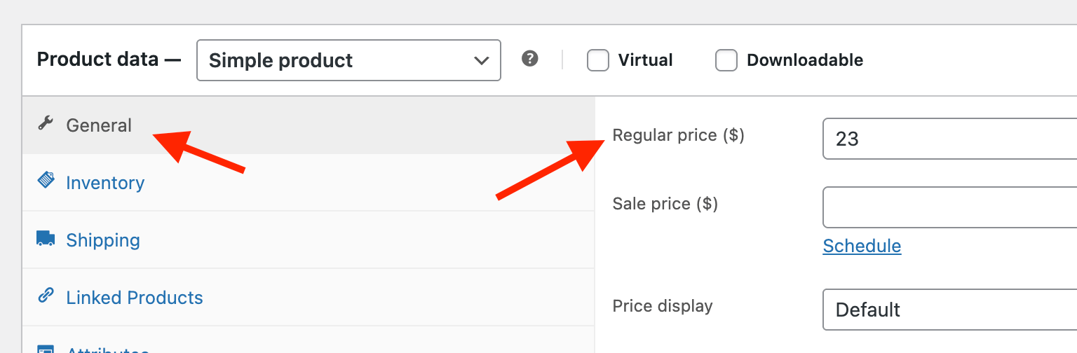 The "regular price" setting in the WooCommerce product backend