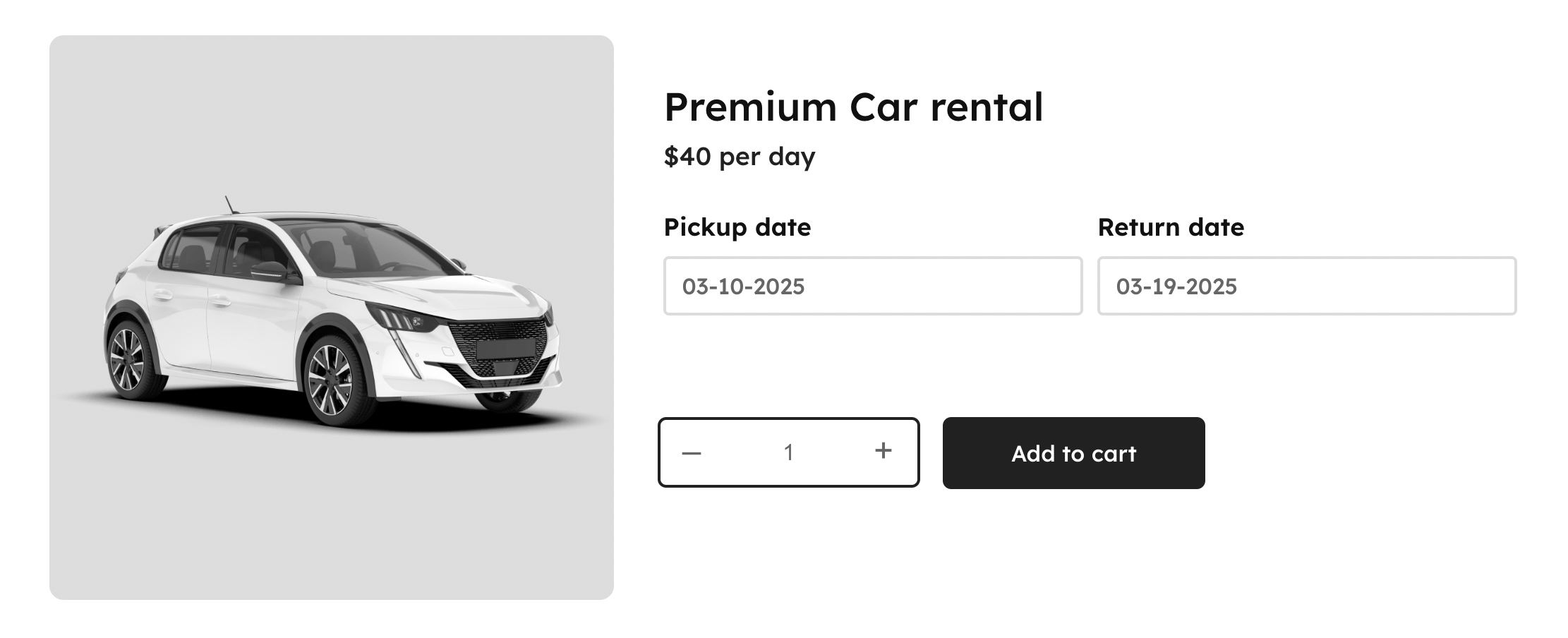 Car rental product in WooCommerce with 2 date pickers allowing customers to select a pickup and return date