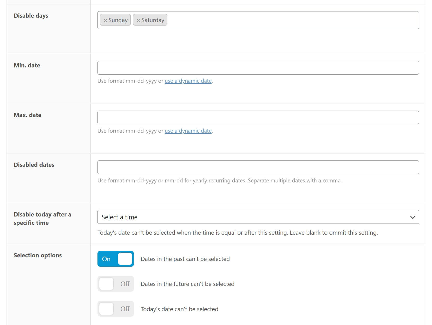 date field settings in the backend