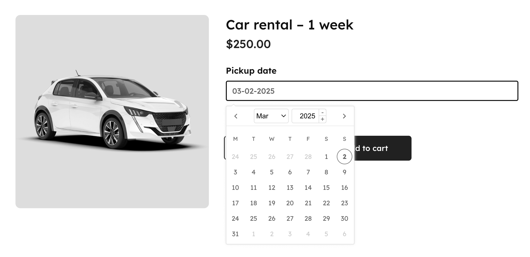 Example of a date picker (calendar) on a WooCommerce product page
