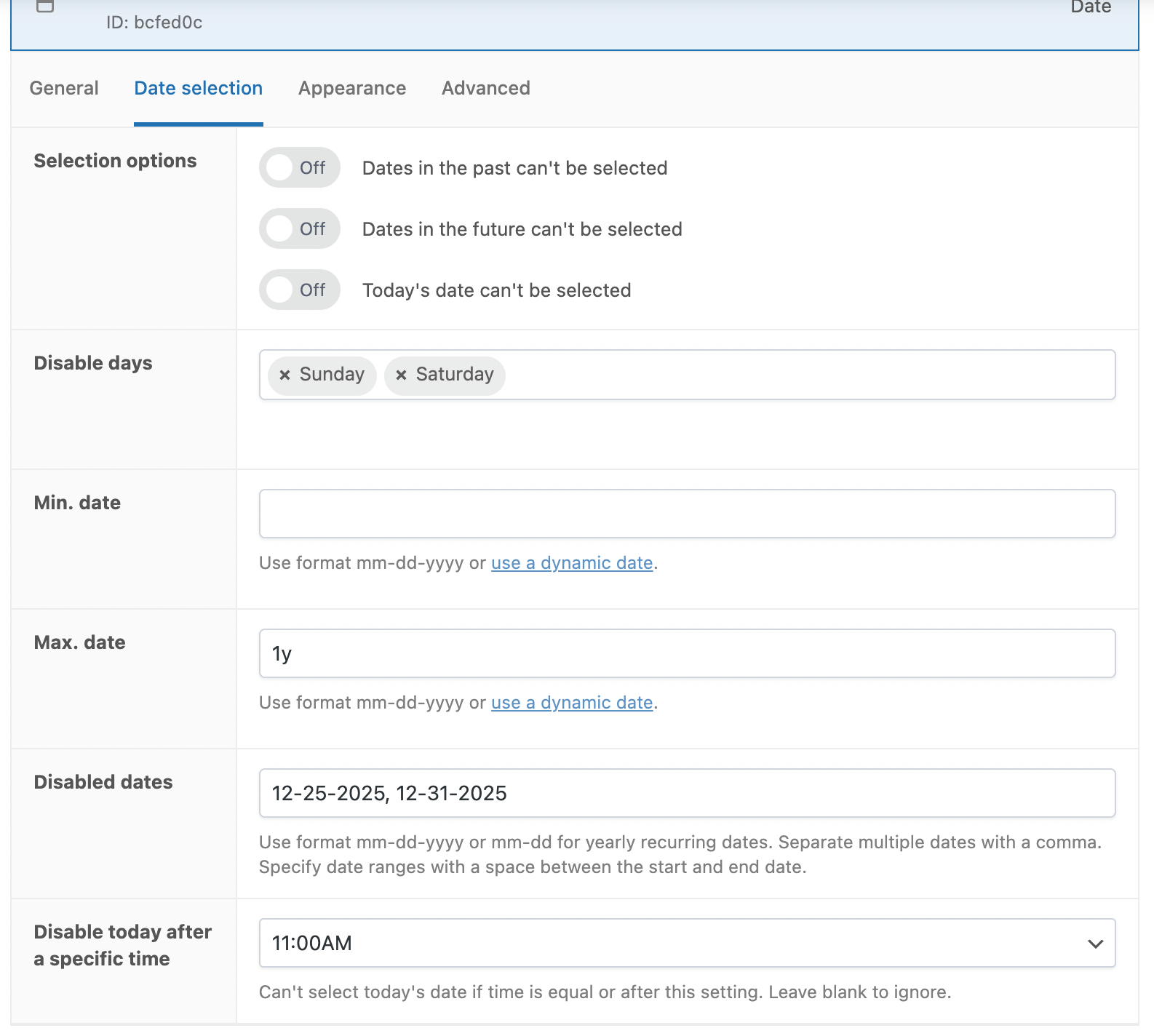 Advanced date selection settings for the datepicker field in the WooCommerce backend