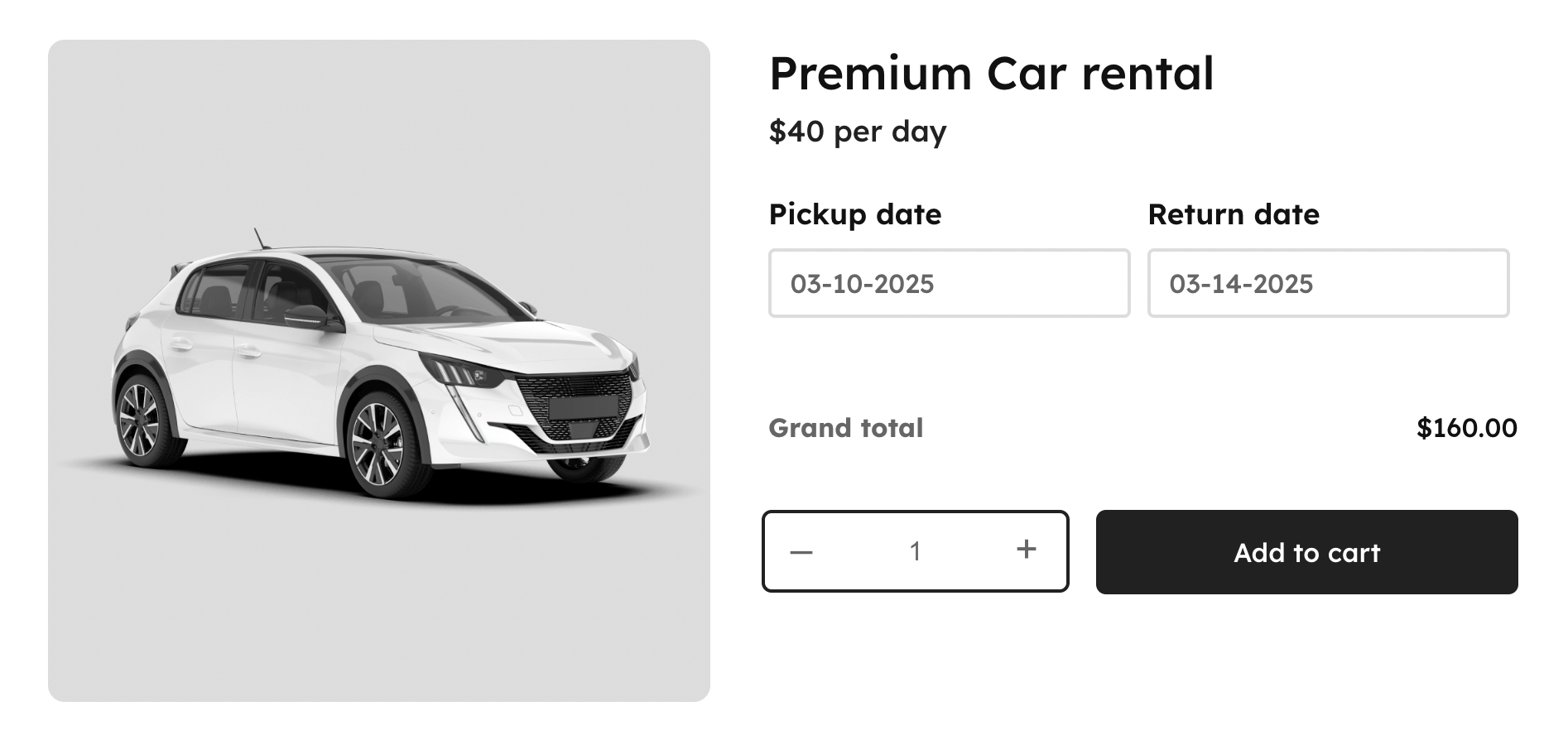 WooCommerce car rental demo with date pickers and a daily rental price