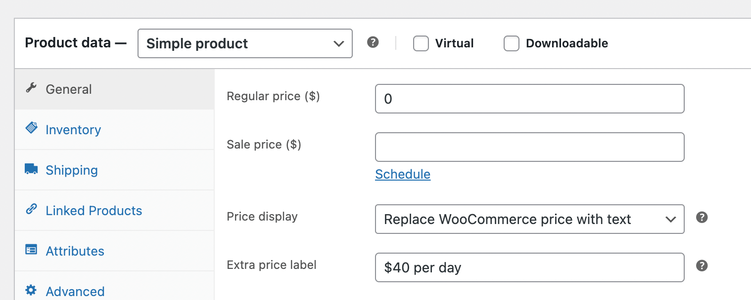 Rental product price settings in WooCommerce