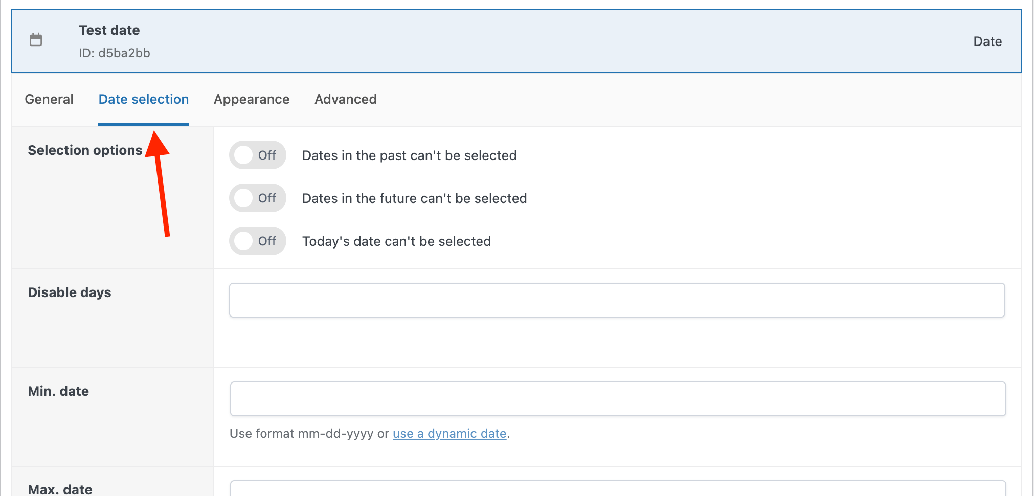 Date selection settings