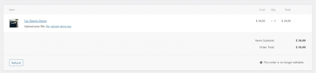 Displaying uploaded files in the order backend