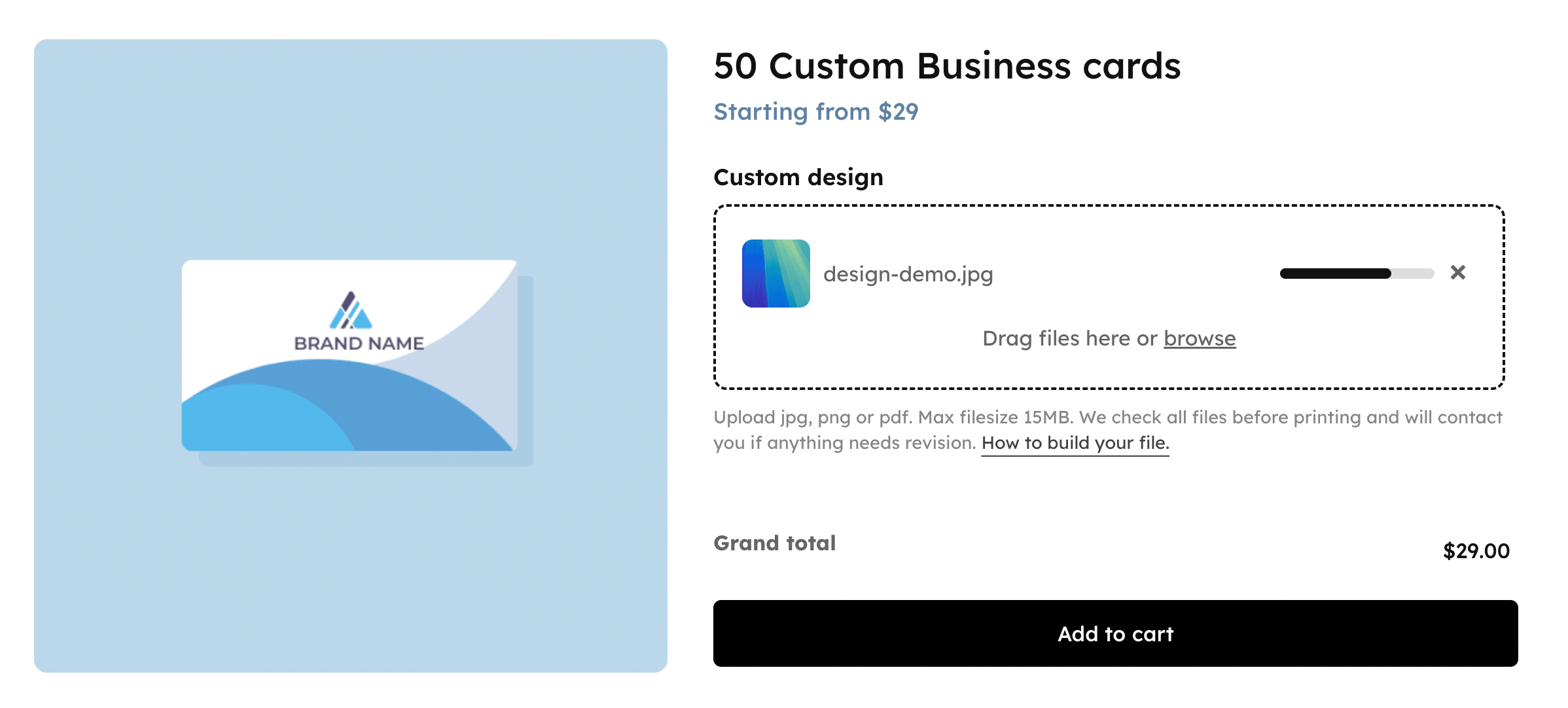 An example of a WooCommerce product page with file upload field