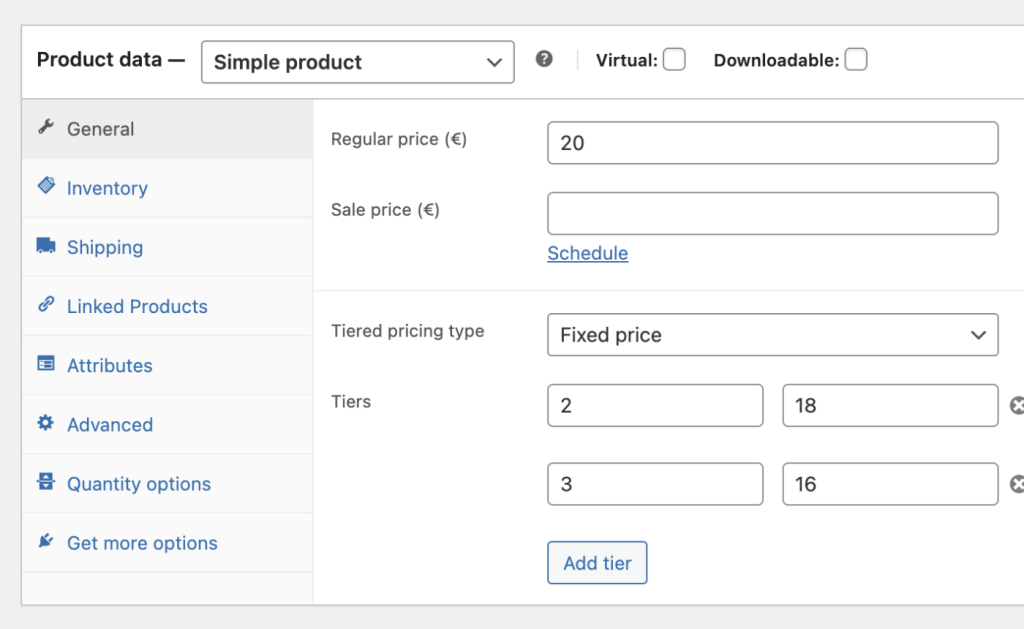 Define tiered discount pricing in the WooCommerce product backend.