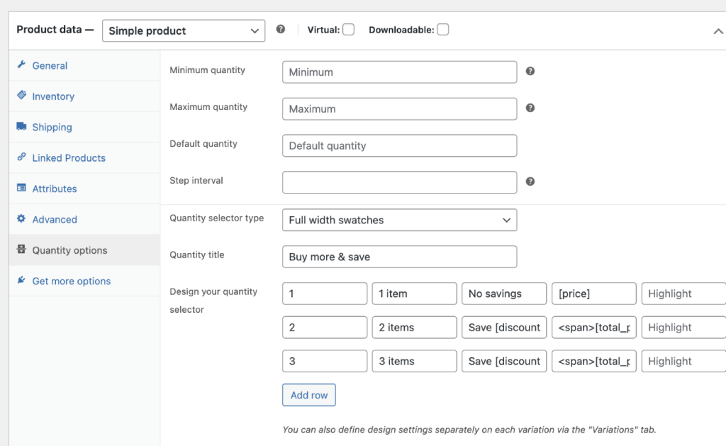 Various quantity and swatch settings in the WooCommerce product backend