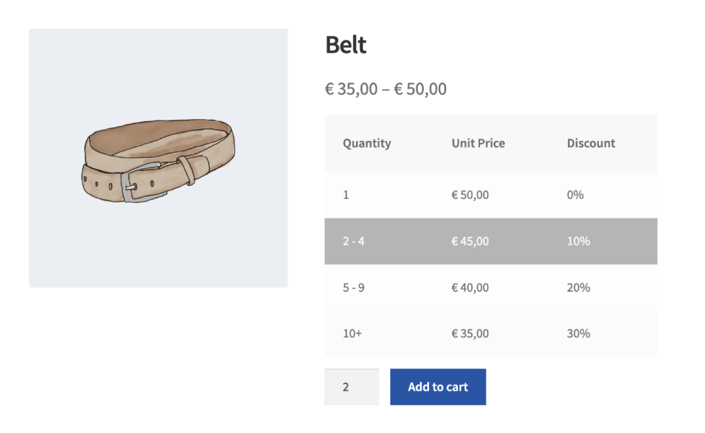 A WooCommerce product with a tiered (bulk) discount table