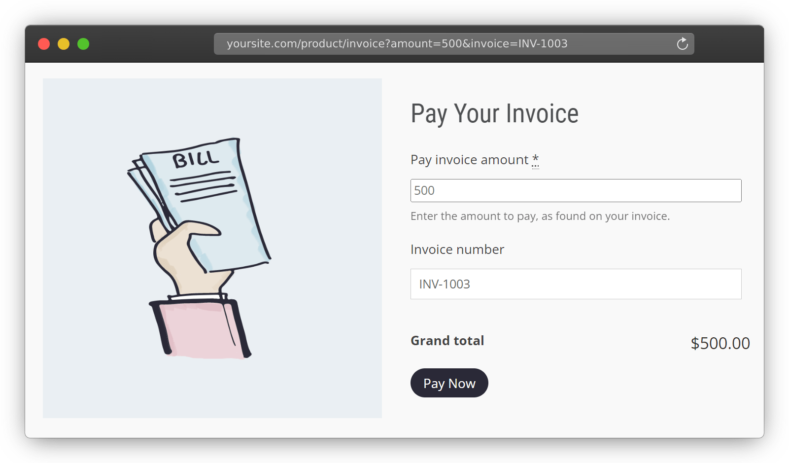 yoursite.com/product/invoice?amount=500&invoice=INV-1003 Pre-fill product options via the URL in WooCommerce