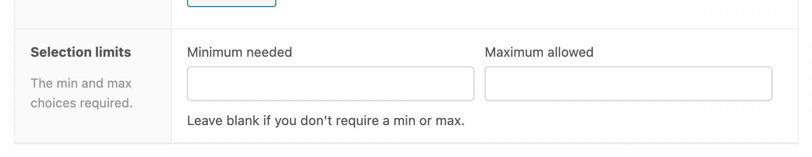 Define the selection limits (minimum and maximum) for checkboxes