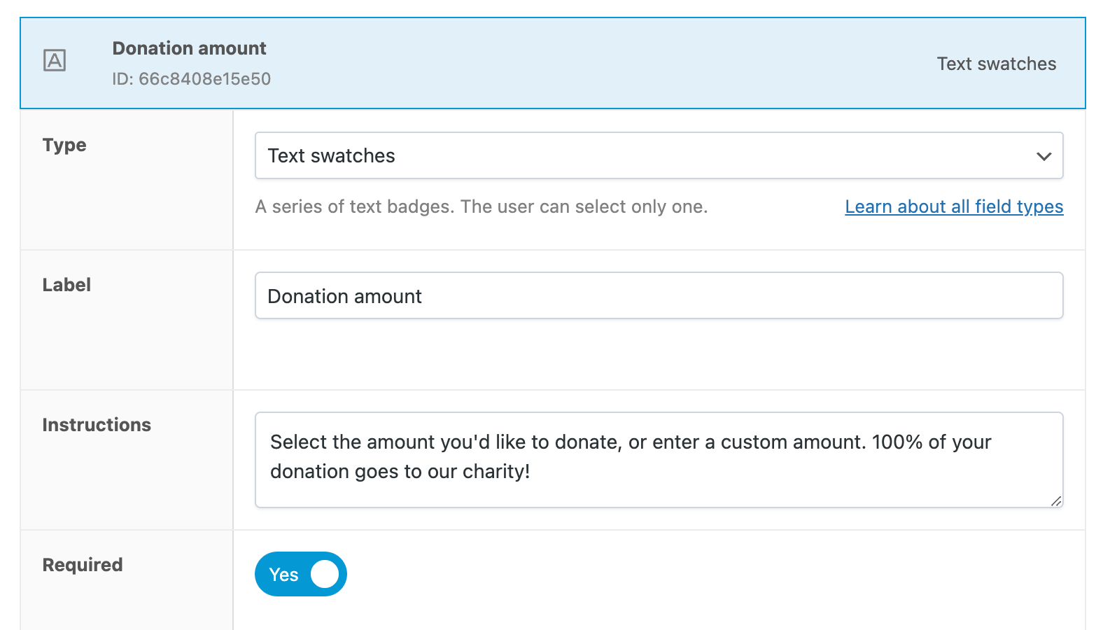 Donation amounts text swatches