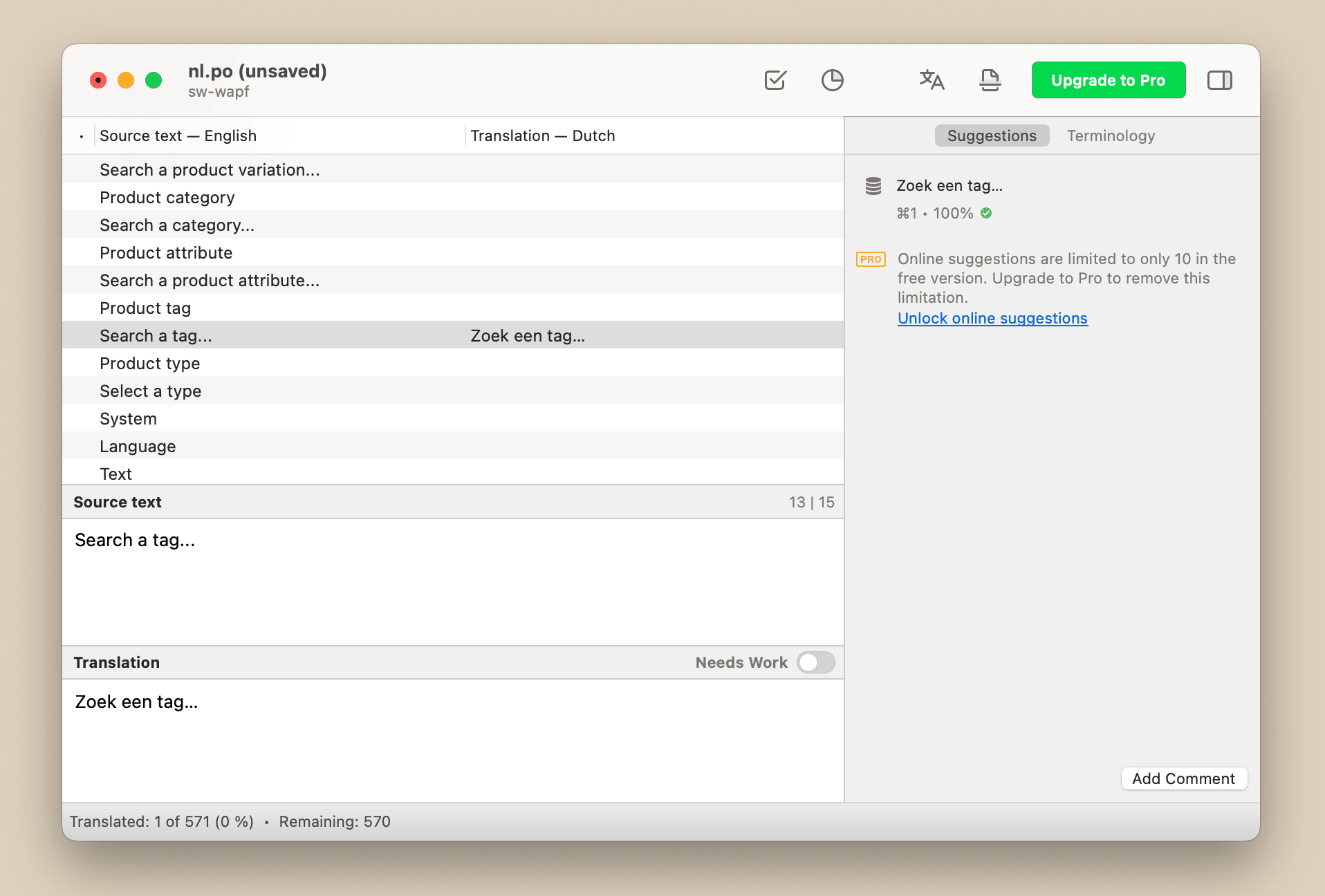 The main translation screen in POEdit