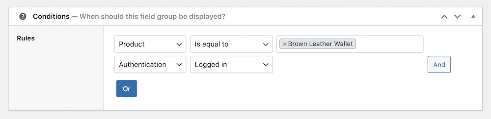The conditional logic options in Advanced Product Fields for WooCommerce