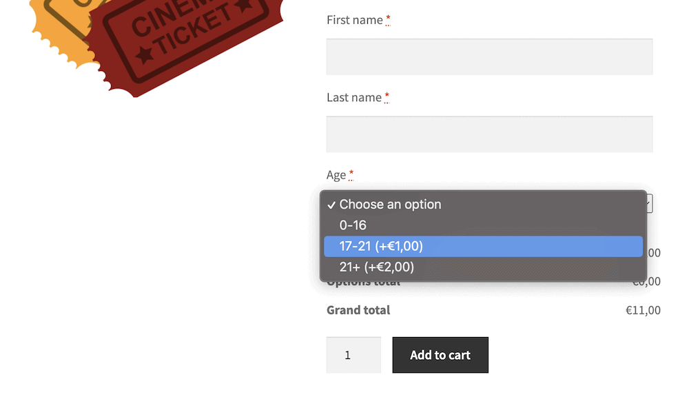 Choosing an age option on the front end of a product page from a drop-down menu that changes the price dynamically