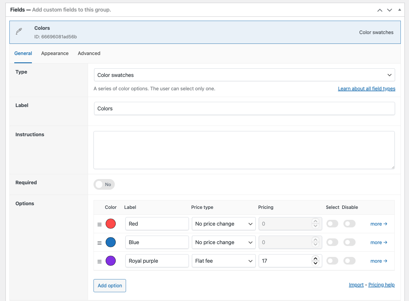 APF color swatch settings