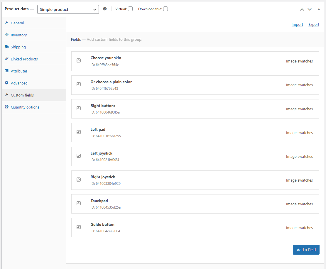 The Advanced Product Fields admin screen