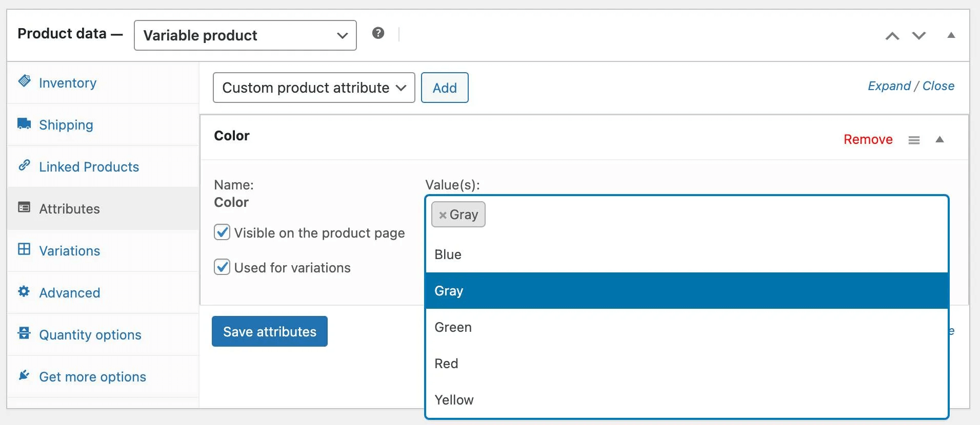 Select variation attributes in the WooCommerce backend