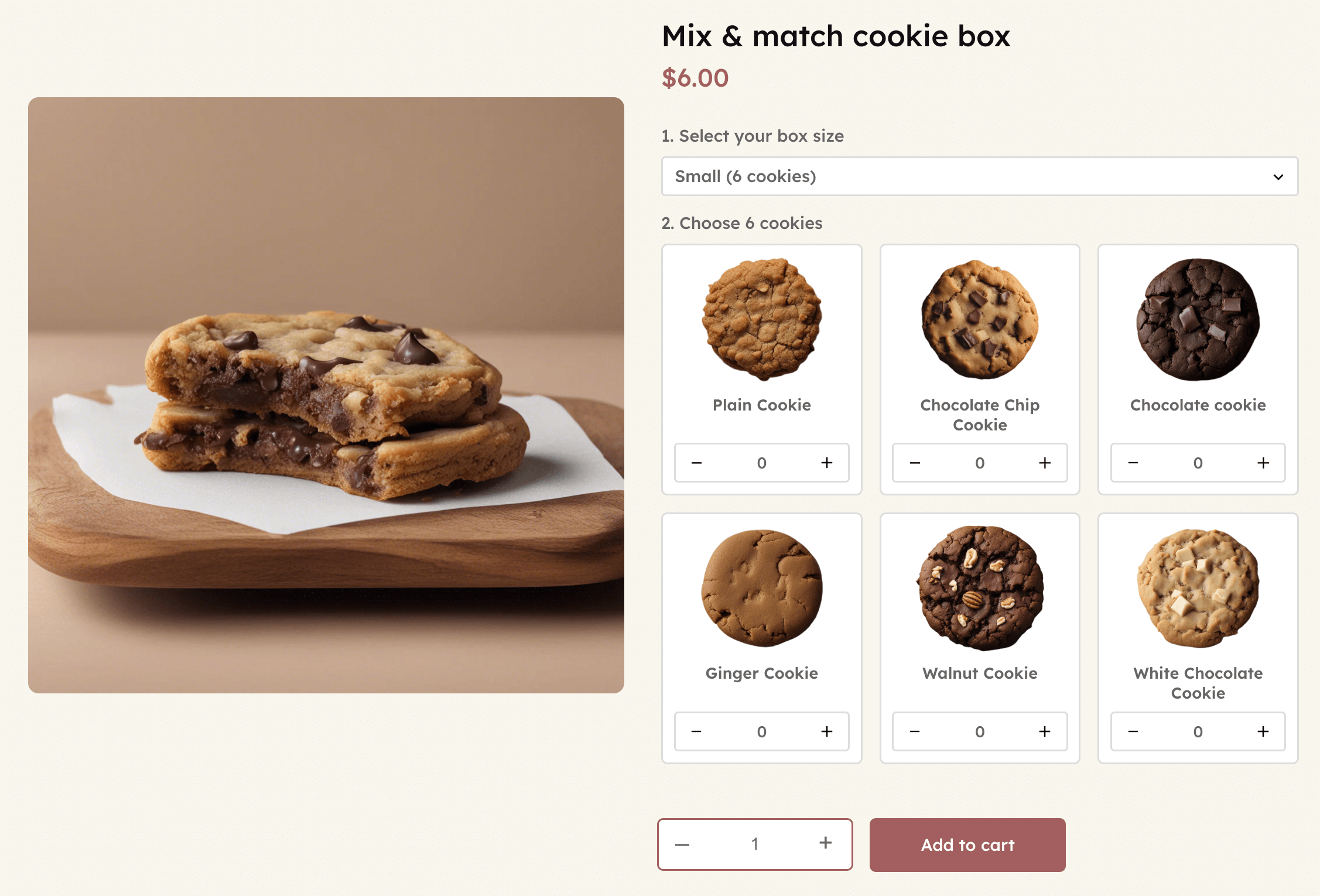 A mix-and-match product example in WooCommere. Create a custom cookie box.