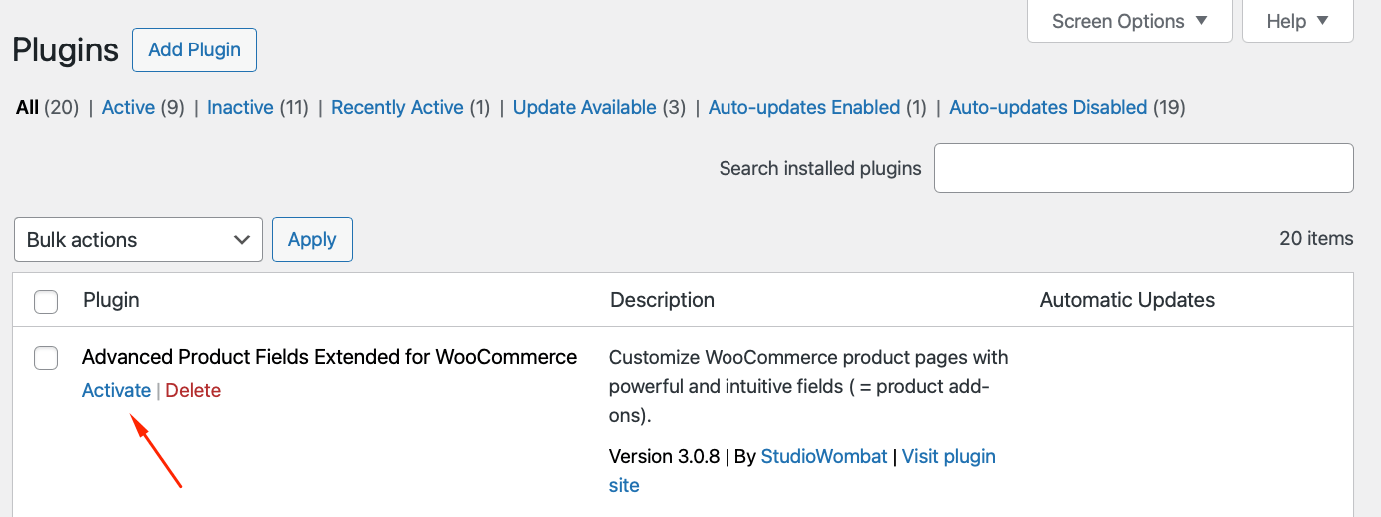 Activate APF plugin in WordPress