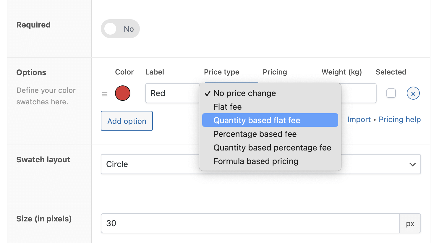 Add quantity based flat fee to a color swatch