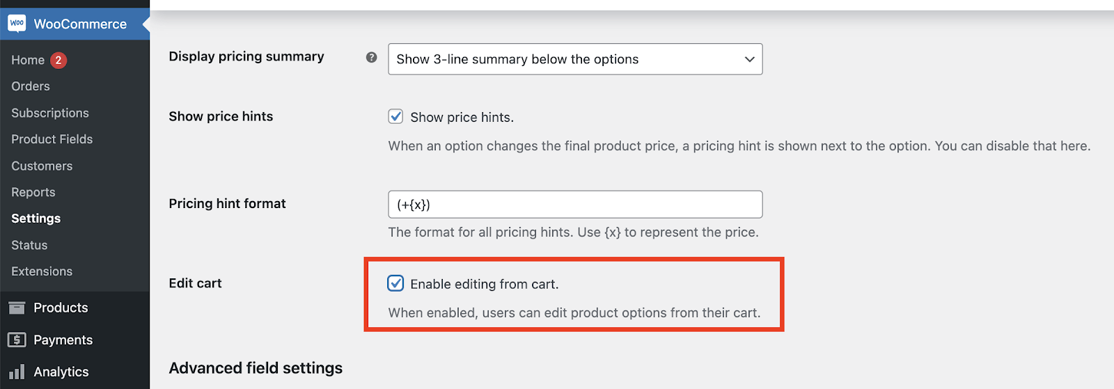 Enabling editing from cart