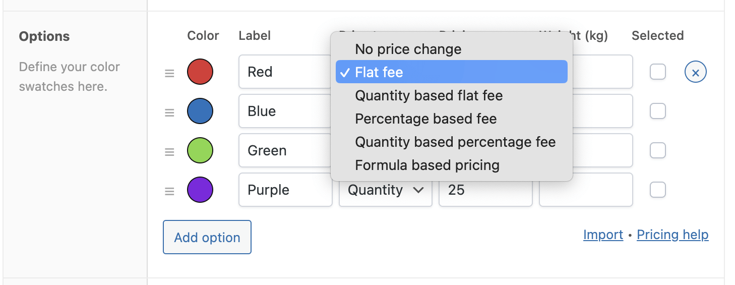 Different pricing options for product fields