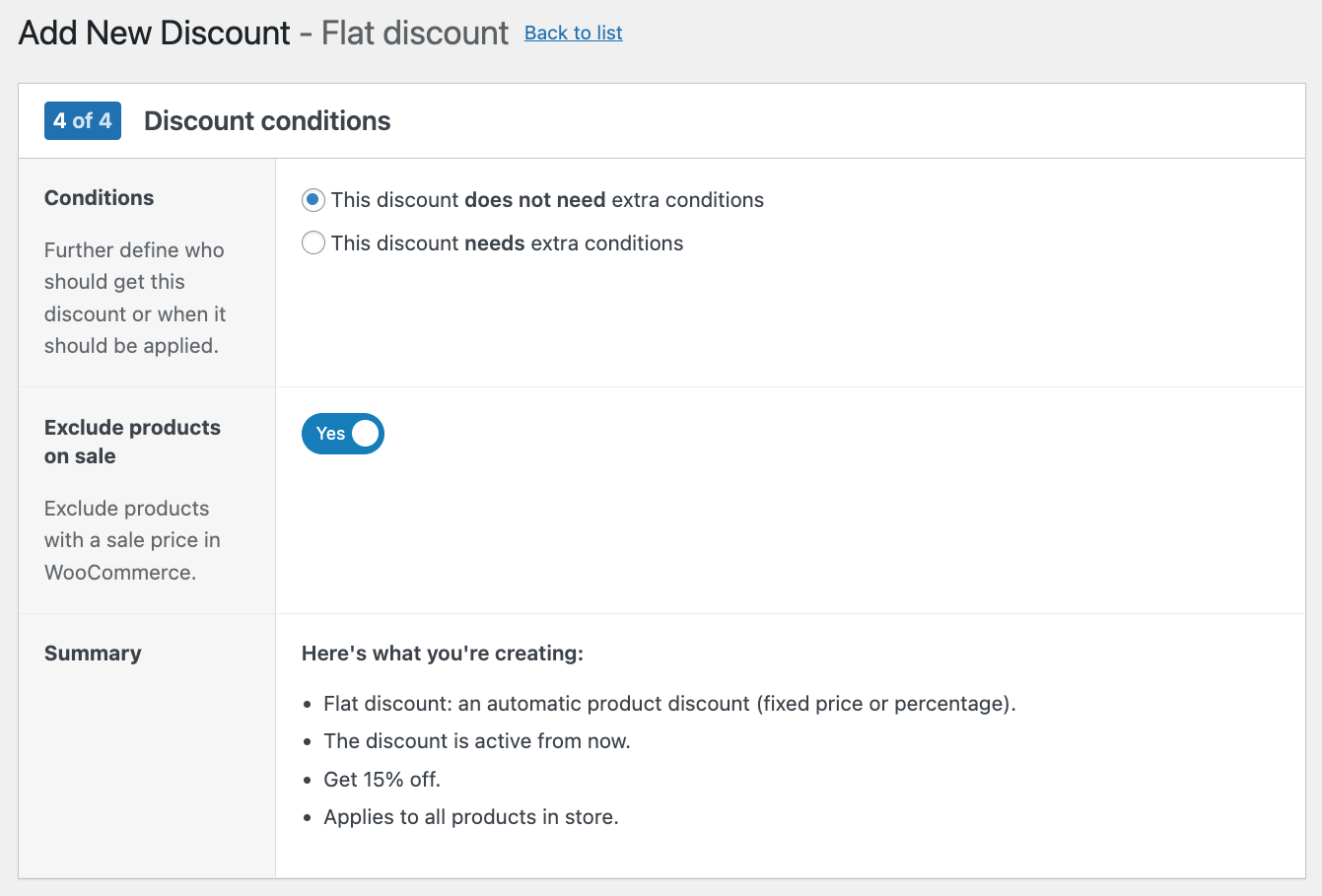 Extra discount conditions, summary, and the option to exclude products already on sale