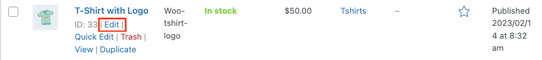 Edit button on a WooCommerce product
