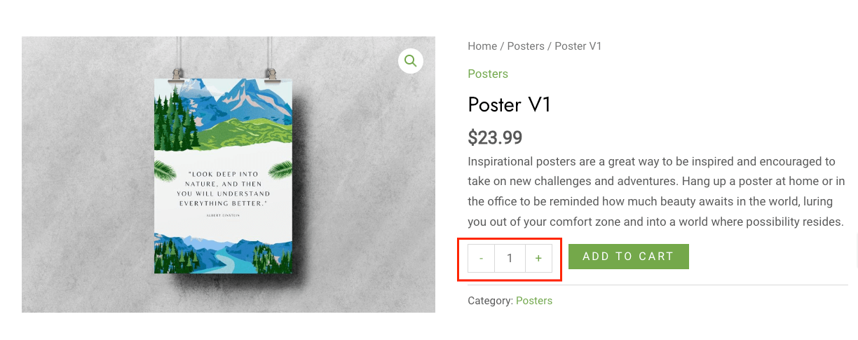 WordPress theme Astra shop page example of a plus/minus button