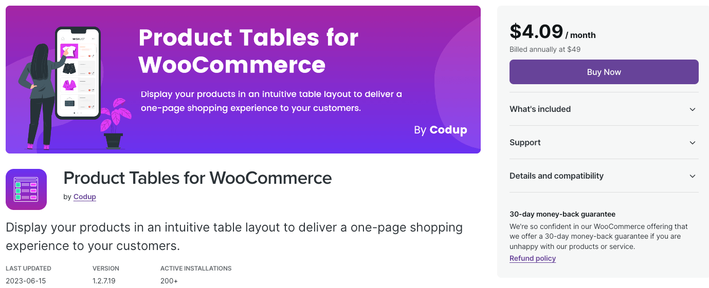 Product Tables for WooCommerce download page