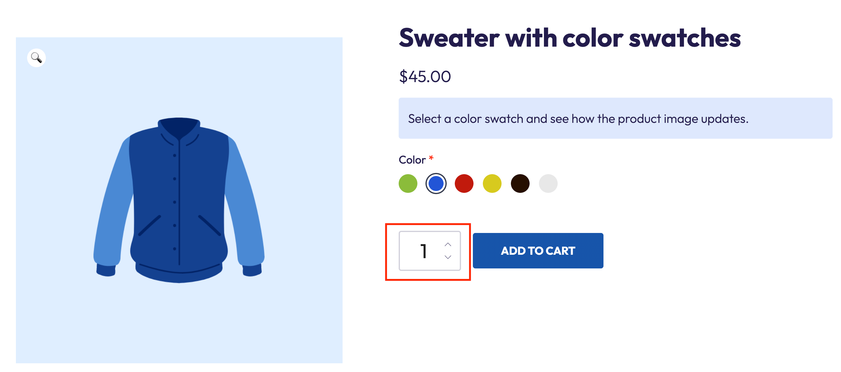 Quantity increments on a product with color swatches
