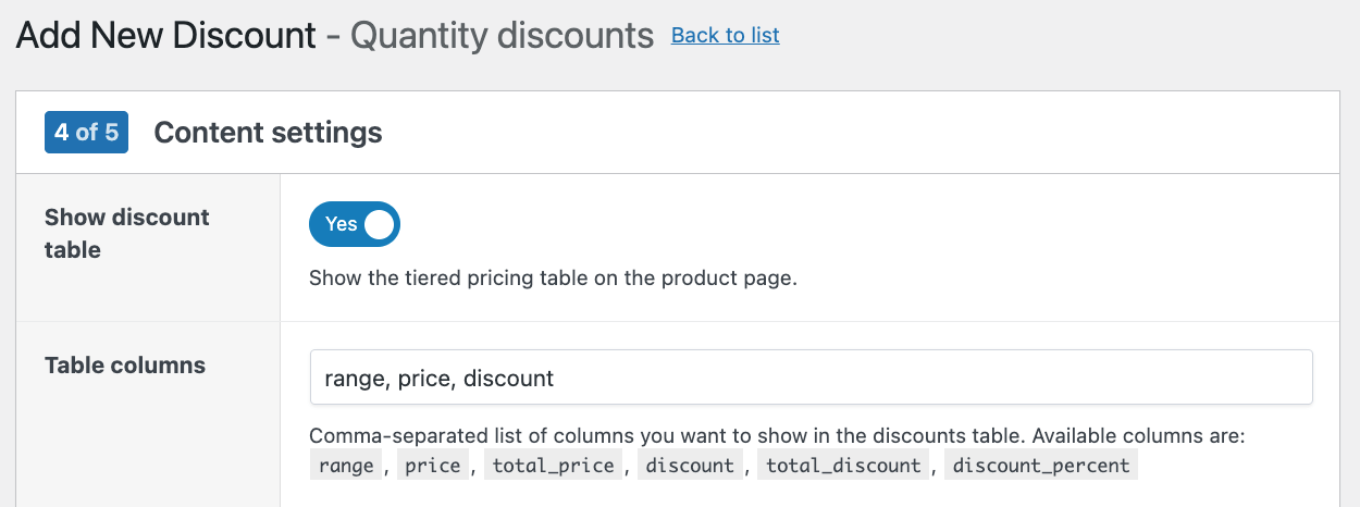 Quantity discount tiers table on product page