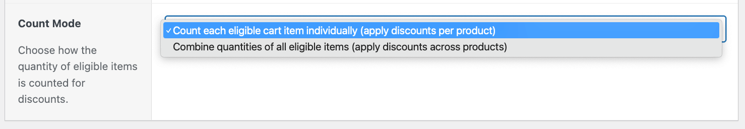 Count mode setting: Choose how the quantity of eligible items is counted for discounts
