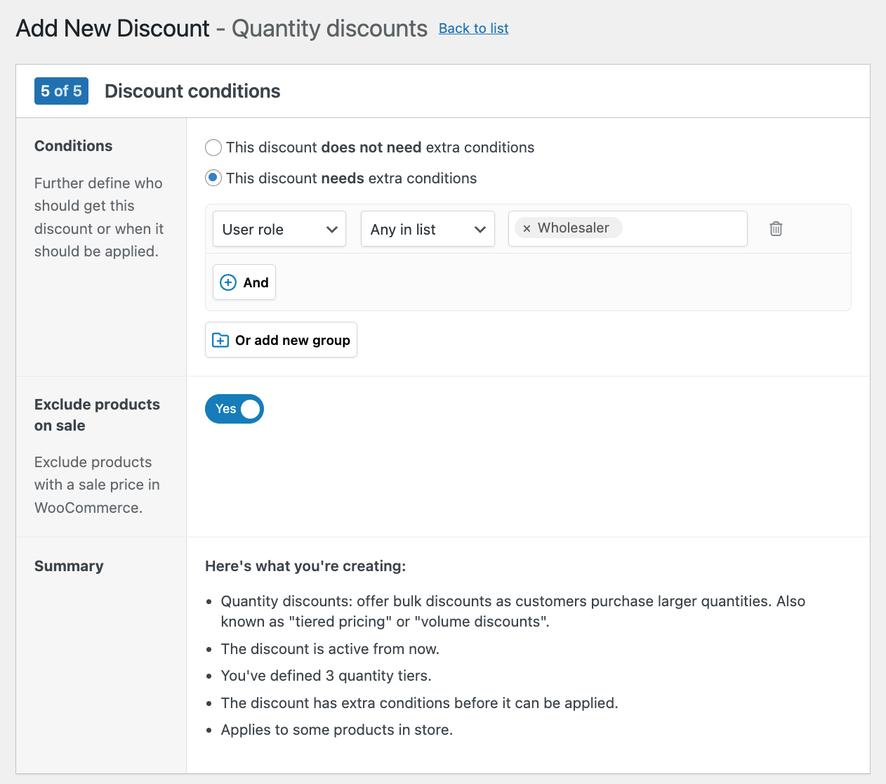 Quantity discounts summary and extra conditions