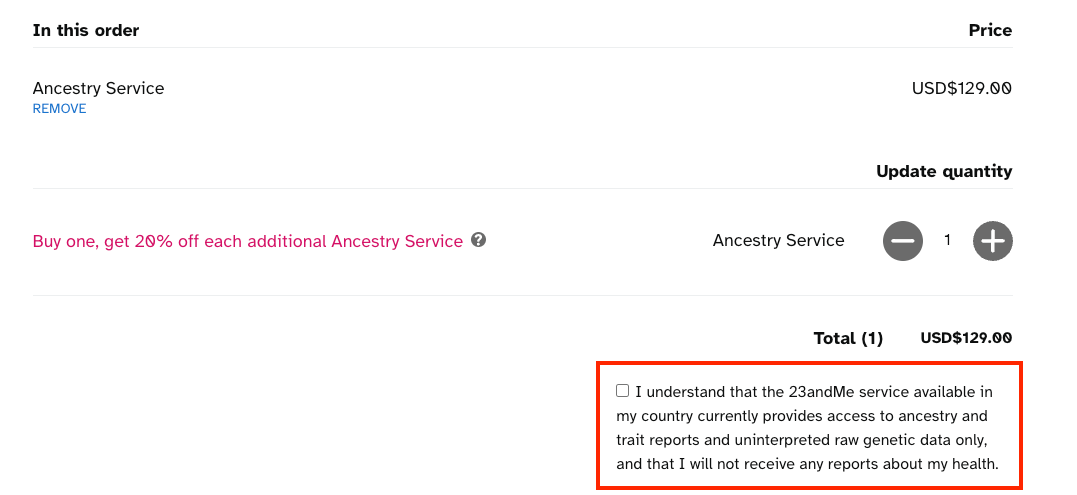 Example of an additional terms checkbox on 23andMe