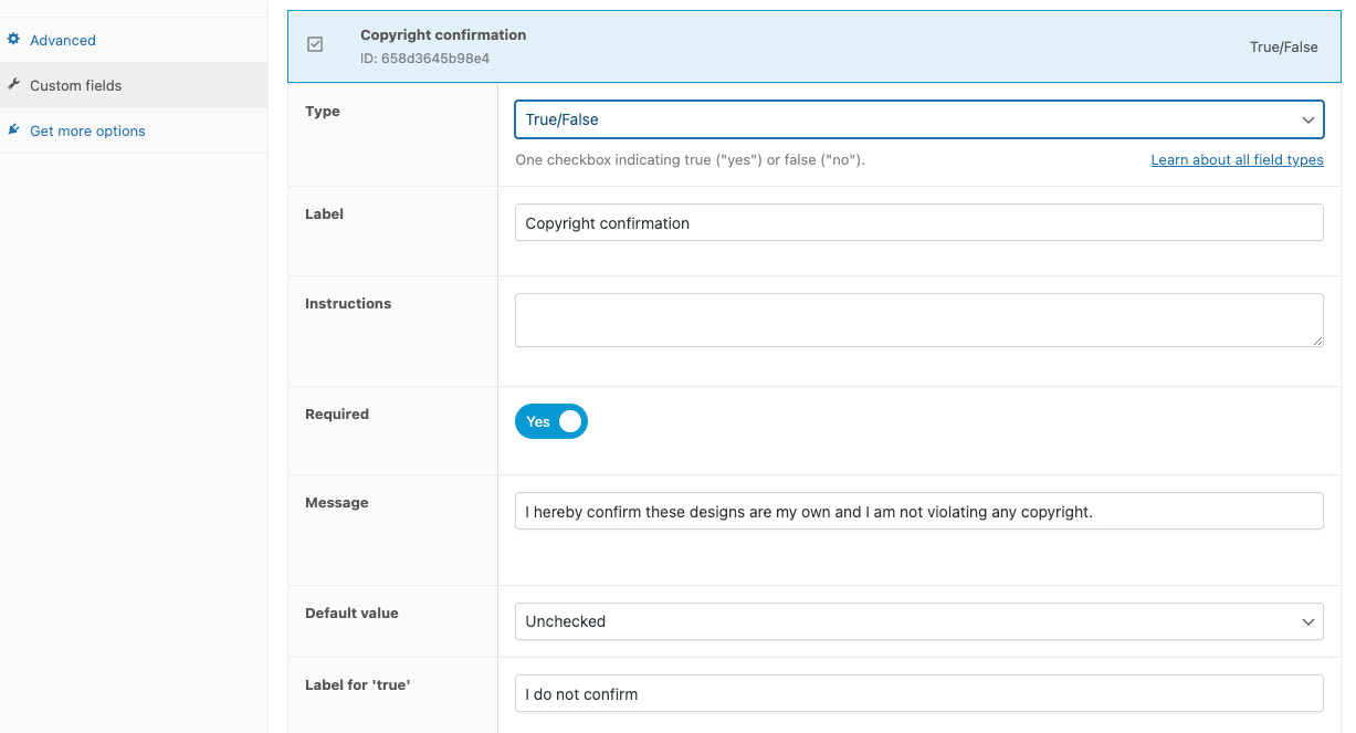 Adding the field label and making the checkbox required in APF